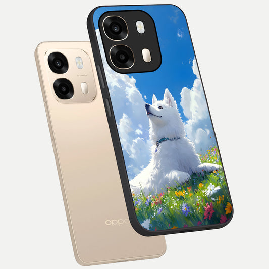 Blissful Cloud Pup phone case For Oppo A6 showing premium glass back cover with detailed artwork