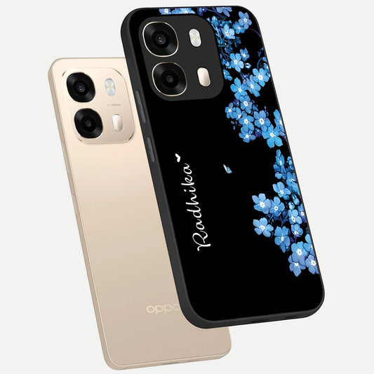 Blue Petal Dream Custom Name phone case For Oppo A6 showing premium glass back cover with detailed artwork