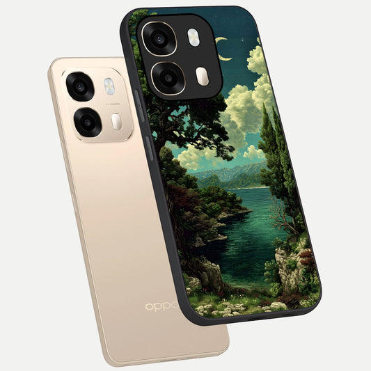 Celestial Lake Peace phone case For Oppo A6 showing premium glass back cover with detailed artwork