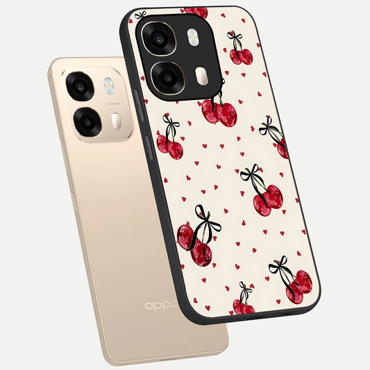 Cherry Heart Bow phone case For Oppo A6 showing premium glass back cover with detailed artwork