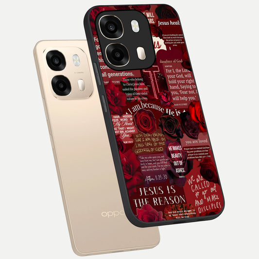 Jesus Love Heals phone case For Oppo A6 showing premium glass back cover with detailed artwork