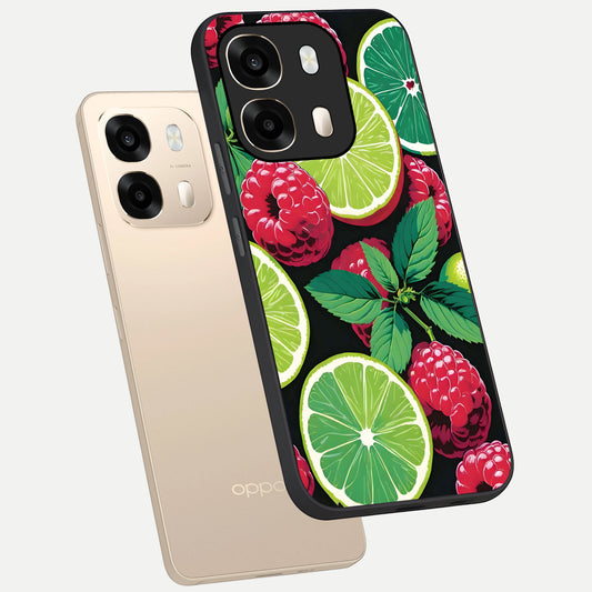 Lime and Raspberry Pattern phone case For Oppo A6 showing premium glass back cover with detailed artwork