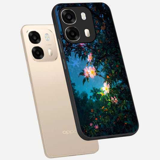 Midnight Bloom Glow phone case For Oppo A6 showing premium glass back cover with detailed artwork