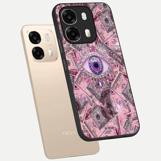 Money Eye Luxe phone case For Oppo A6 showing premium glass back cover with detailed artwork