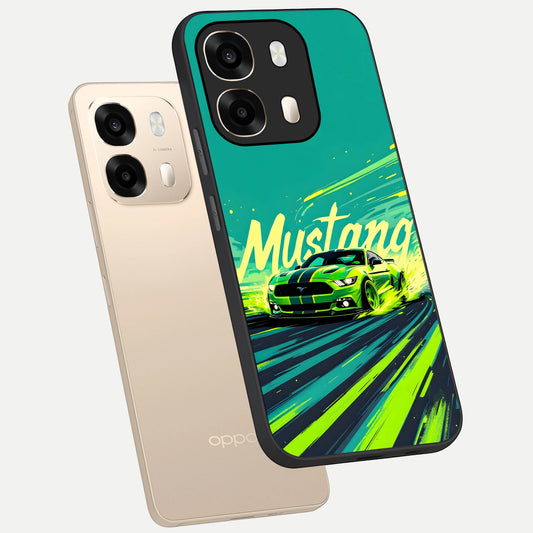Mustang Bang phone case For Oppo A6 showing premium glass back cover with detailed artwork