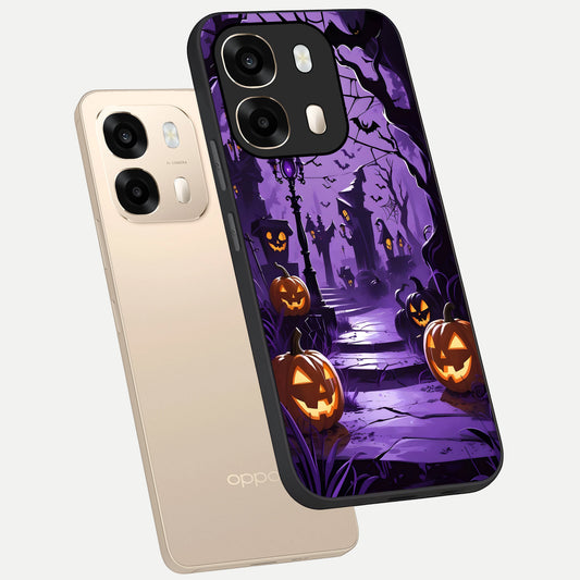Pumpkin Patch Halloween phone case For Oppo A6 showing premium glass back cover with detailed artwork