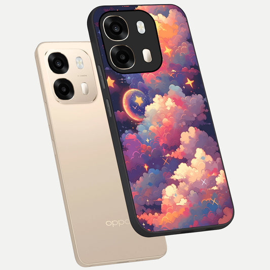 Starlit Dream Clouds phone case For Oppo A6 showing premium glass back cover with detailed artwork