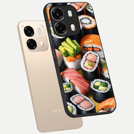 Sushi Food Pattern phone case For Oppo A6 showing premium glass back cover with detailed artwork