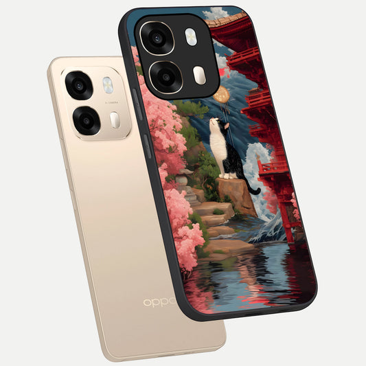 Temple Cat Scenery phone case For Oppo A6 showing premium glass back cover with detailed artwork