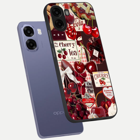 Aesthetic Cherry Tea phone case For Oppo A6s showing premium glass back cover with detailed artwork
