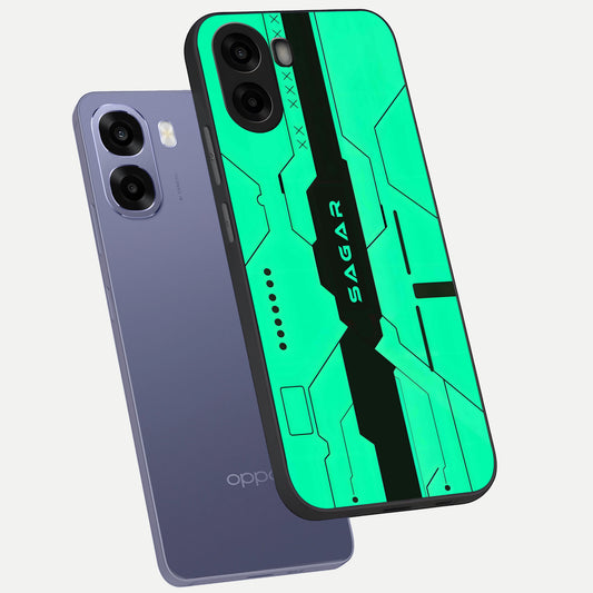 Aqua Tech CYBERPUNK Custom Name phone case For Oppo A6s showing premium glass back cover with detailed artwork