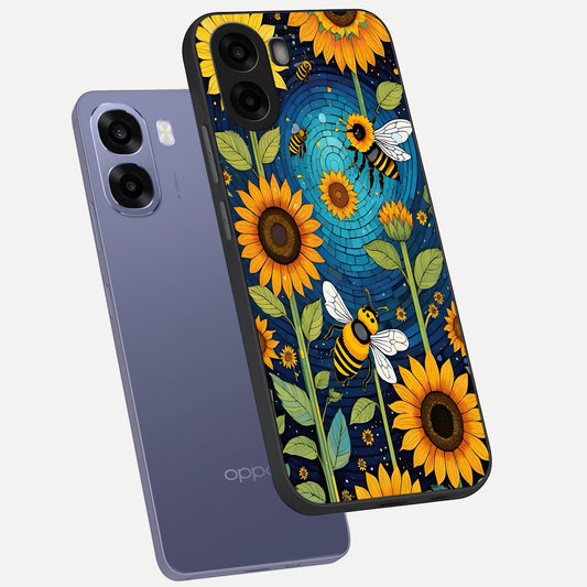 Bees And Sunflowers phone case For Oppo A6s showing premium glass back cover with detailed artwork