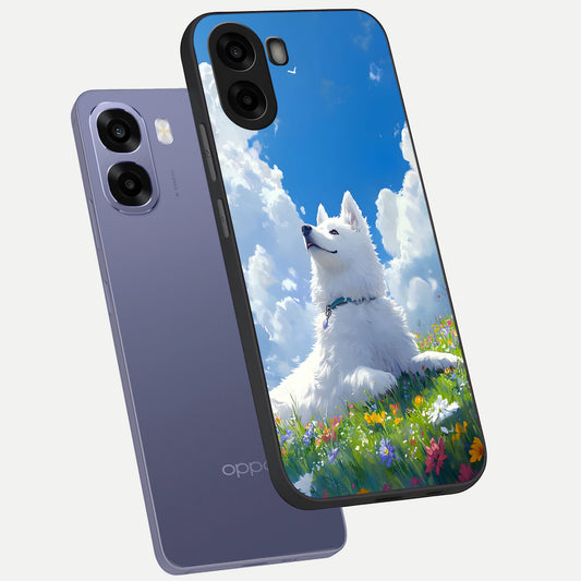 Blissful Cloud Pup phone case For Oppo A6s showing premium glass back cover with detailed artwork