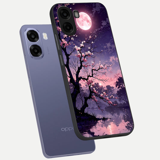 Blossom Pink Moon phone case For Oppo A6s showing premium glass back cover with detailed artwork
