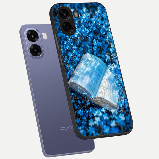 Blue Bloom Tales phone case For Oppo A6s showing premium glass back cover with detailed artwork