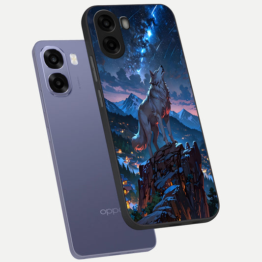 Celestial Wolf Howl phone case For Oppo A6s showing premium glass back cover with detailed artwork