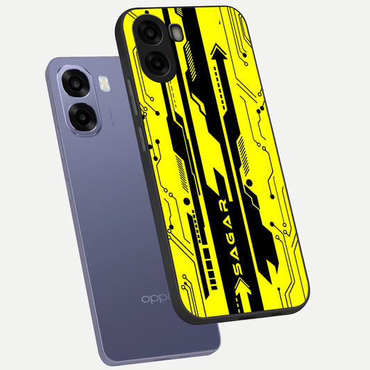 Electric Pulse CYBERPUNK Custom Name phone case For Oppo A6s showing premium glass back cover with detailed artwork