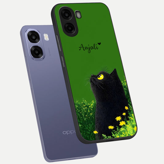 Emerald Cat Custom Name phone case For Oppo A6s showing premium glass back cover with detailed artwork