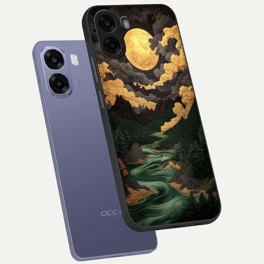 Golden River Moon phone case For Oppo A6s showing premium glass back cover with detailed artwork