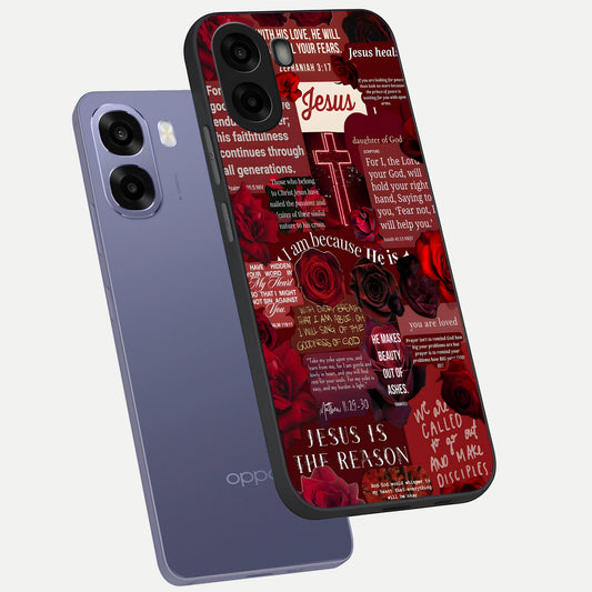 Jesus Love Heals phone case For Oppo A6s showing premium glass back cover with detailed artwork