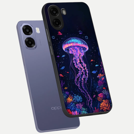 Neon Jellyfish phone case For Oppo A6s showing premium glass back cover with detailed artwork