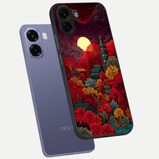 Scarlet Autumn Temple phone case For Oppo A6s showing premium glass back cover with detailed artwork