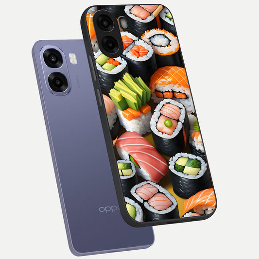 Sushi Food Pattern phone case For Oppo A6s showing premium glass back cover with detailed artwork