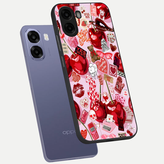 Sweet Cherry Chaos phone case For Oppo A6s showing premium glass back cover with detailed artwork