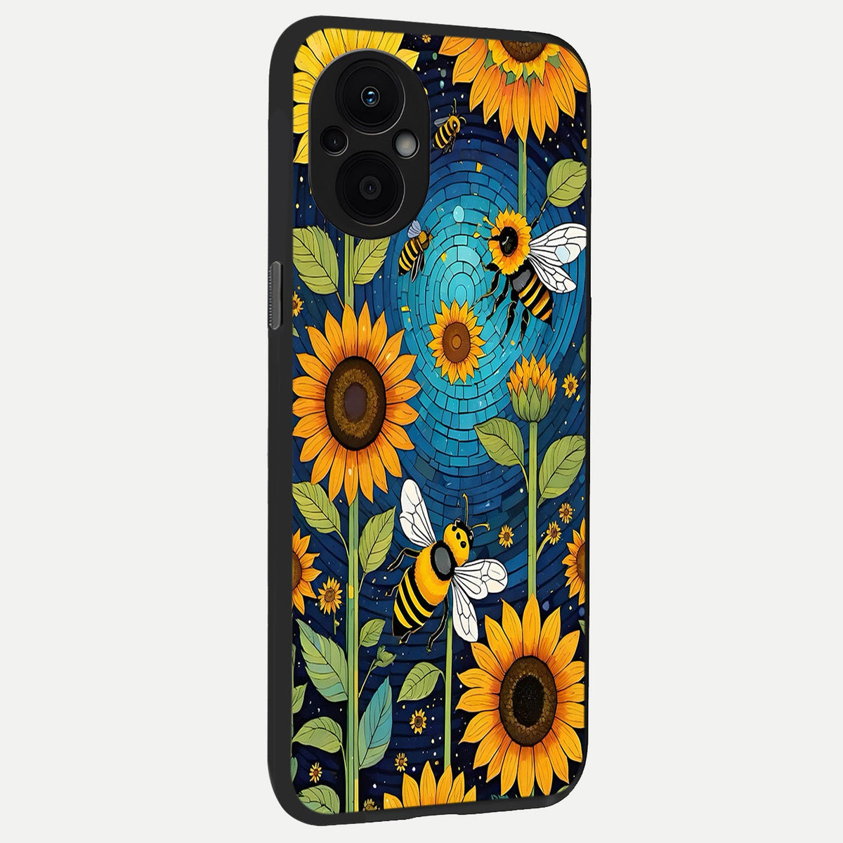 Bees And Sunflowers back cover For Oppo F21 Pro 5G slim fit glass case with vibrant aesthetic design