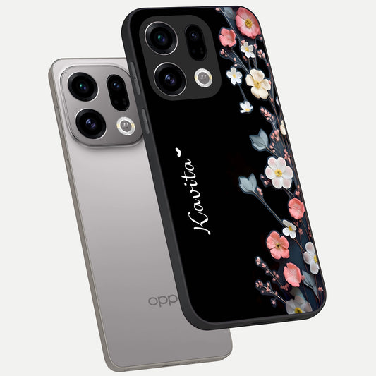 Black Elegance Floral Custom Name phone case For Oppo Find X9 showing premium glass back cover with detailed artwork