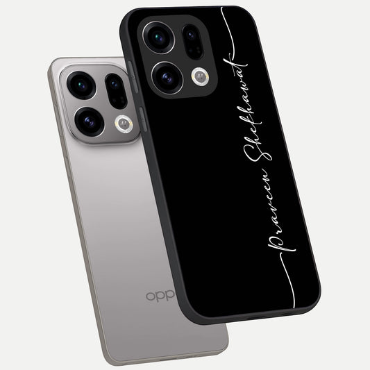 Black Tune Custom Name phone case For Oppo Find X9 showing premium glass back cover with detailed artwork