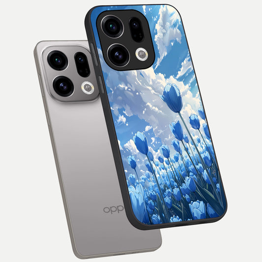 Blue Tulip Clouds phone case For Oppo Find X9 showing premium glass back cover with detailed artwork
