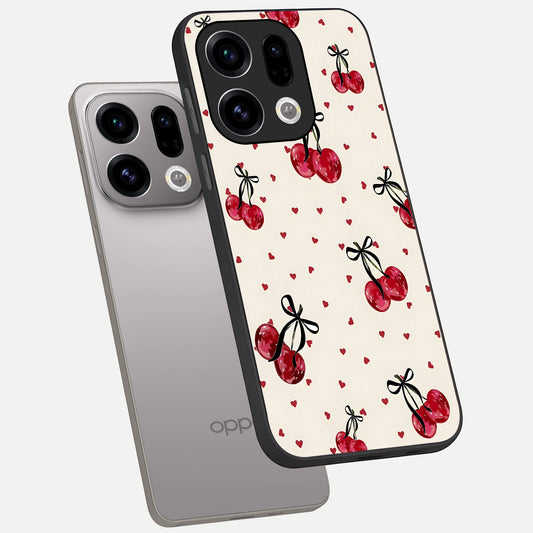 Cherry Heart Bow phone case For Oppo Find X9 showing premium glass back cover with detailed artwork