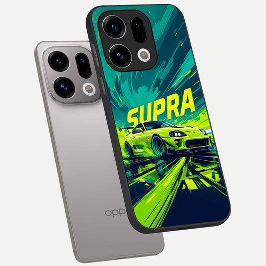 Electric Supra Thunder phone case For Oppo Find X9 showing premium glass back cover with detailed artwork