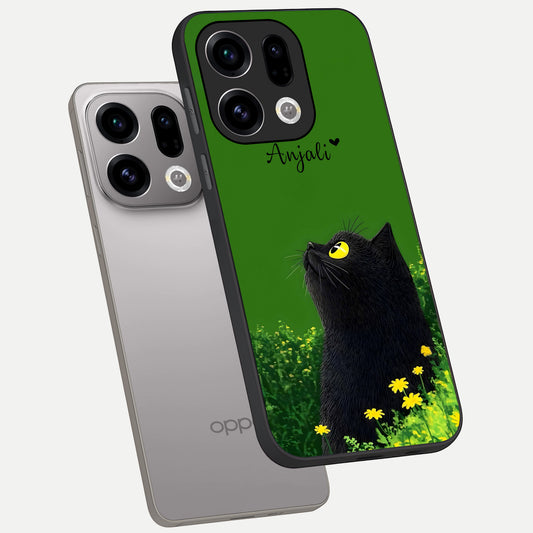Emerald Cat Custom Name phone case For Oppo Find X9 showing premium glass back cover with detailed artwork