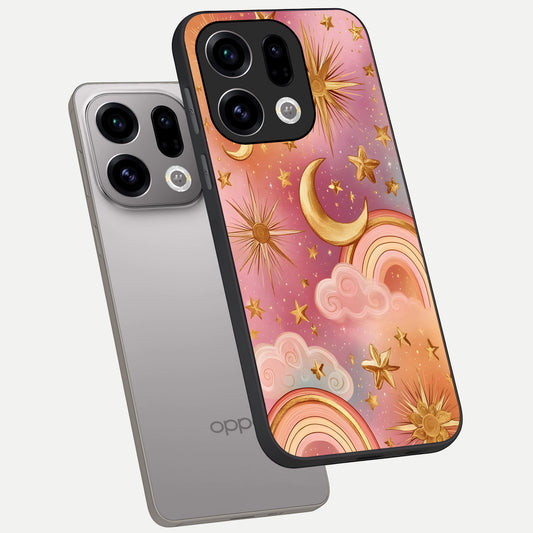 Golden Celestial Dreams phone case For Oppo Find X9 showing premium glass back cover with detailed artwork