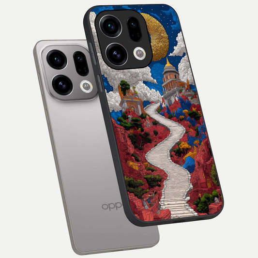 Heavenly Moon Path phone case For Oppo Find X9 showing premium glass back cover with detailed artwork
