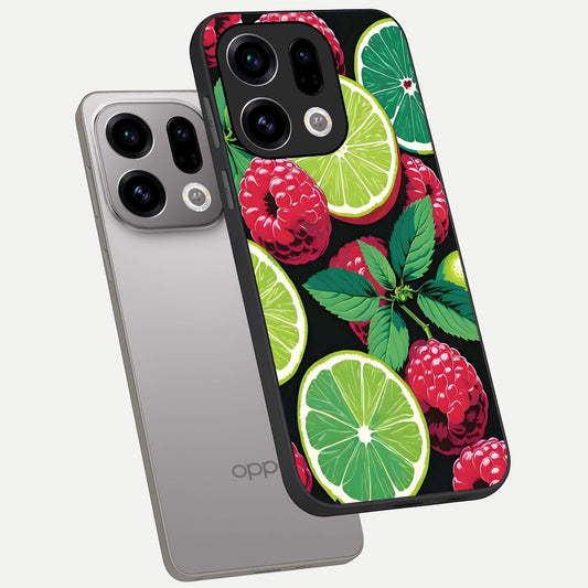 Lime and Raspberry Pattern phone case For Oppo Find X9 showing premium glass back cover with detailed artwork