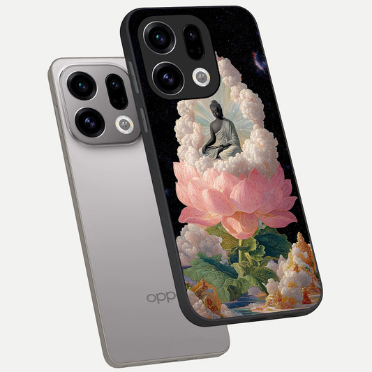 Lotus Divine Peace phone case For Oppo Find X9 showing premium glass back cover with detailed artwork