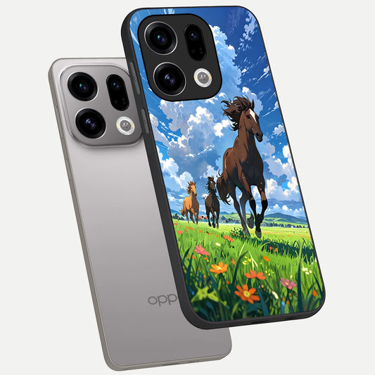 Majestic Horses Galloping phone case For Oppo Find X9 showing premium glass back cover with detailed artwork