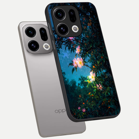 Midnight Bloom Glow phone case For Oppo Find X9 showing premium glass back cover with detailed artwork
