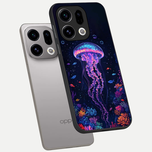 Neon Jellyfish phone case For Oppo Find X9 showing premium glass back cover with detailed artwork
