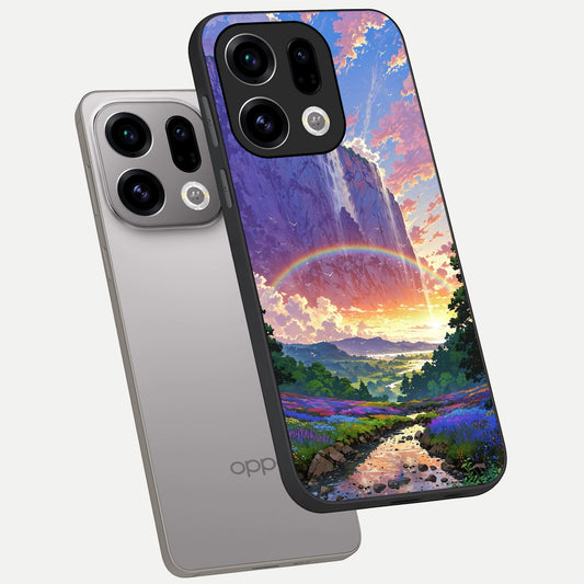 Rainbow Valley Dream phone case For Oppo Find X9 showing premium glass back cover with detailed artwork