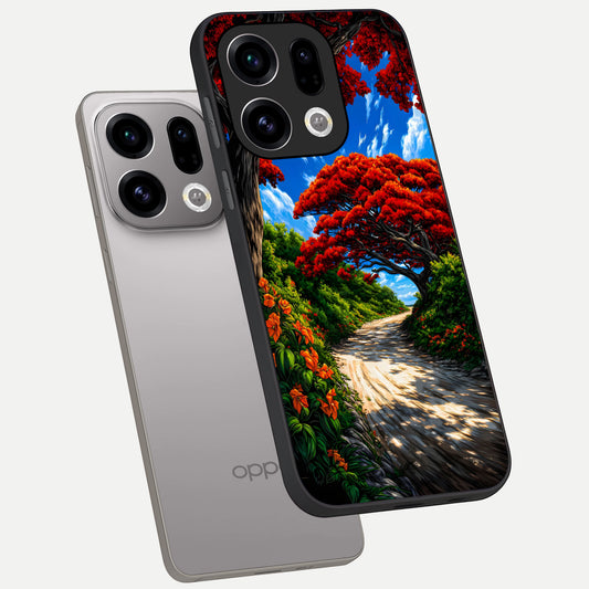 Red Trees Pathway phone case For Oppo Find X9 showing premium glass back cover with detailed artwork