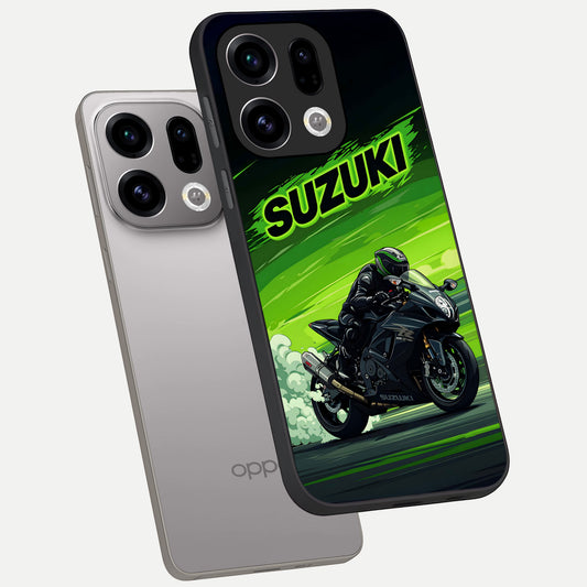 Suzuki Speed Beast phone case For Oppo Find X9 showing premium glass back cover with detailed artwork