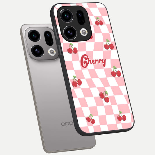 Sweet Cherry Vibes phone case For Oppo Find X9 showing premium glass back cover with detailed artwork