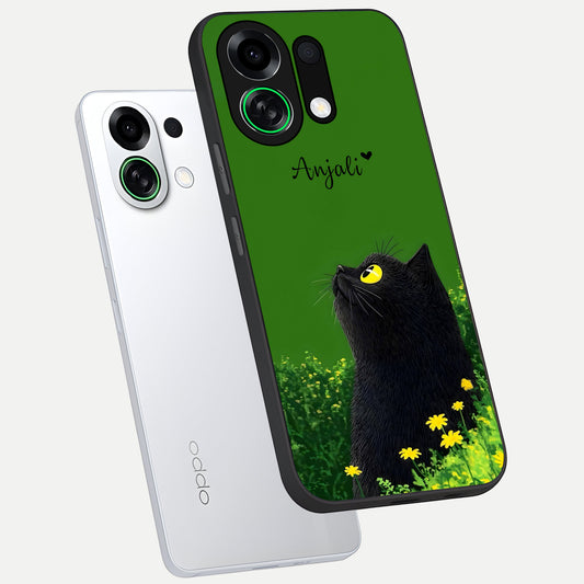 Emerald Cat Custom Name phone case For Oppo K13 Turbo showing premium glass back cover with detailed artwork