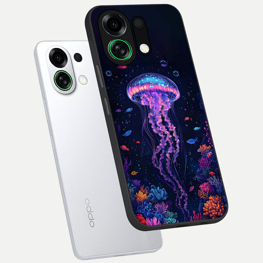 Neon Jellyfish phone case For Oppo K13 Turbo showing premium glass back cover with detailed artwork