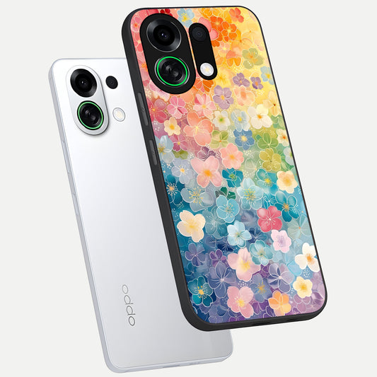 Rainbow Blossom Burst phone case For Oppo K13 Turbo showing premium glass back cover with detailed artwork