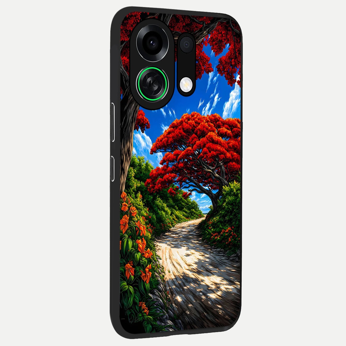 Red Trees Pathway back cover For Oppo K13 Turbo slim fit glass case with vibrant aesthetic design